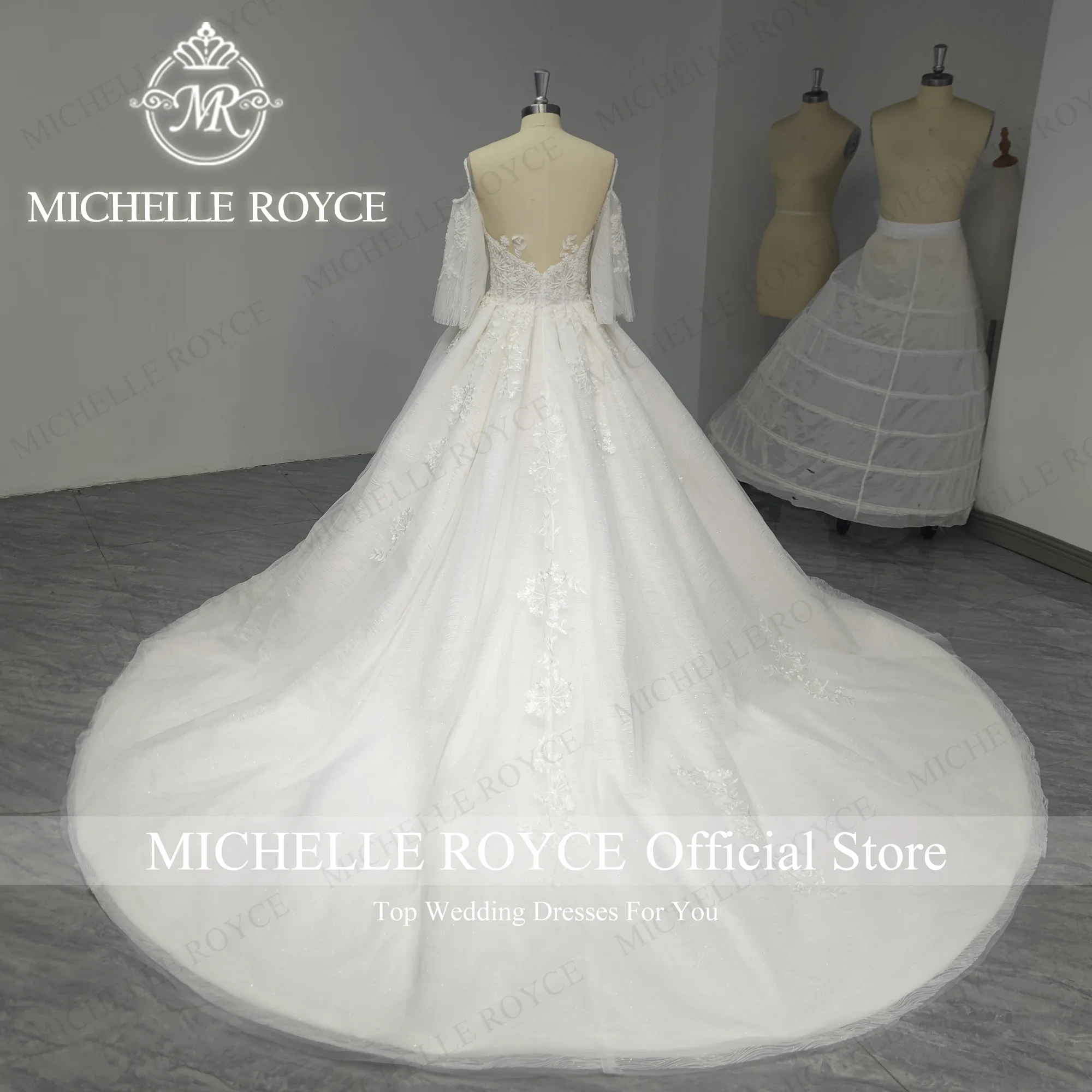 Michelle Royce-Robes de mariée A-ligne, Robe de mariée, Perles, Dos nu, Manches évasées, Élégantes, Éducatives, Vraies photos de travail