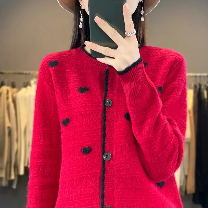 Hot selling new cardigan women\'s 100 Australian wool sweater fashionable knitted jacket cardigan women\'s O-neck wool sweater