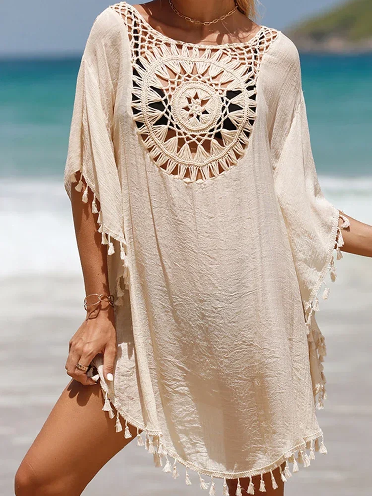 2025 수영복 여성을위한 새로운 커버 업 섹시한 솔리드 할로우 비치 드레스 술 짧은 소매 Beachwear 여름 새로운 수영복