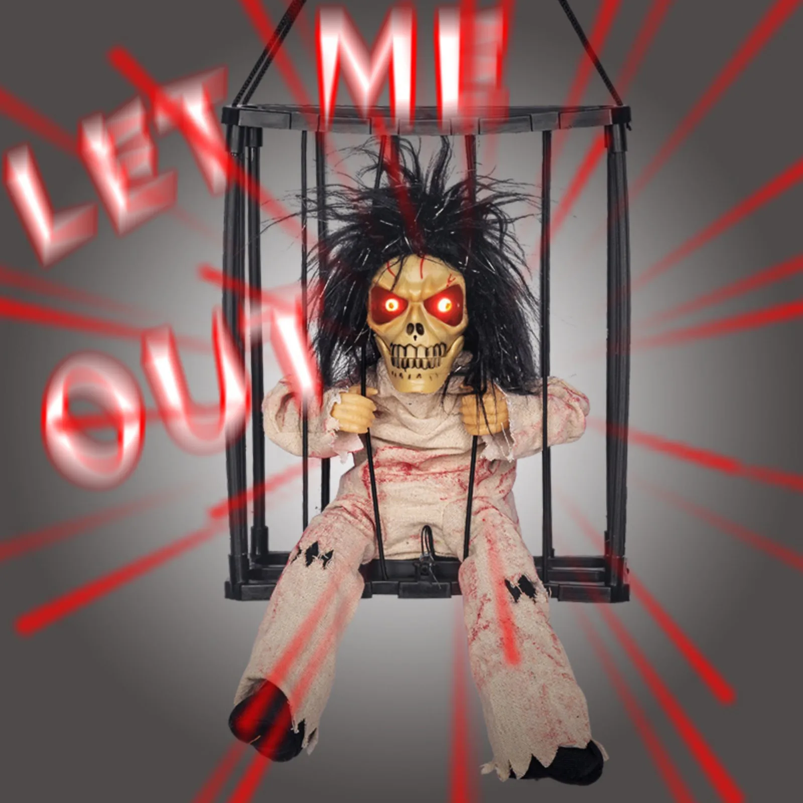 Haunted Prison Ghost Decor Halloween Scary Props Glowing Skeleton Hanging Cage Spooky Sound Effects Horror Party Decoration