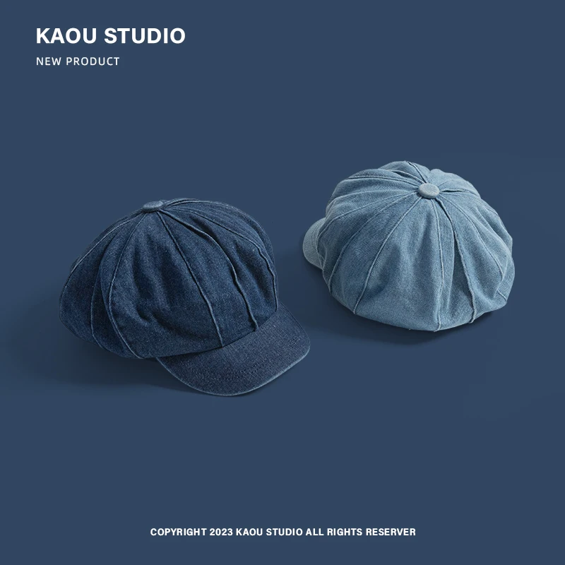Retro Denim Octagonal Cap Women's Spring and Autumn New Korean Beret Niche Stitching Cloud Hat 4