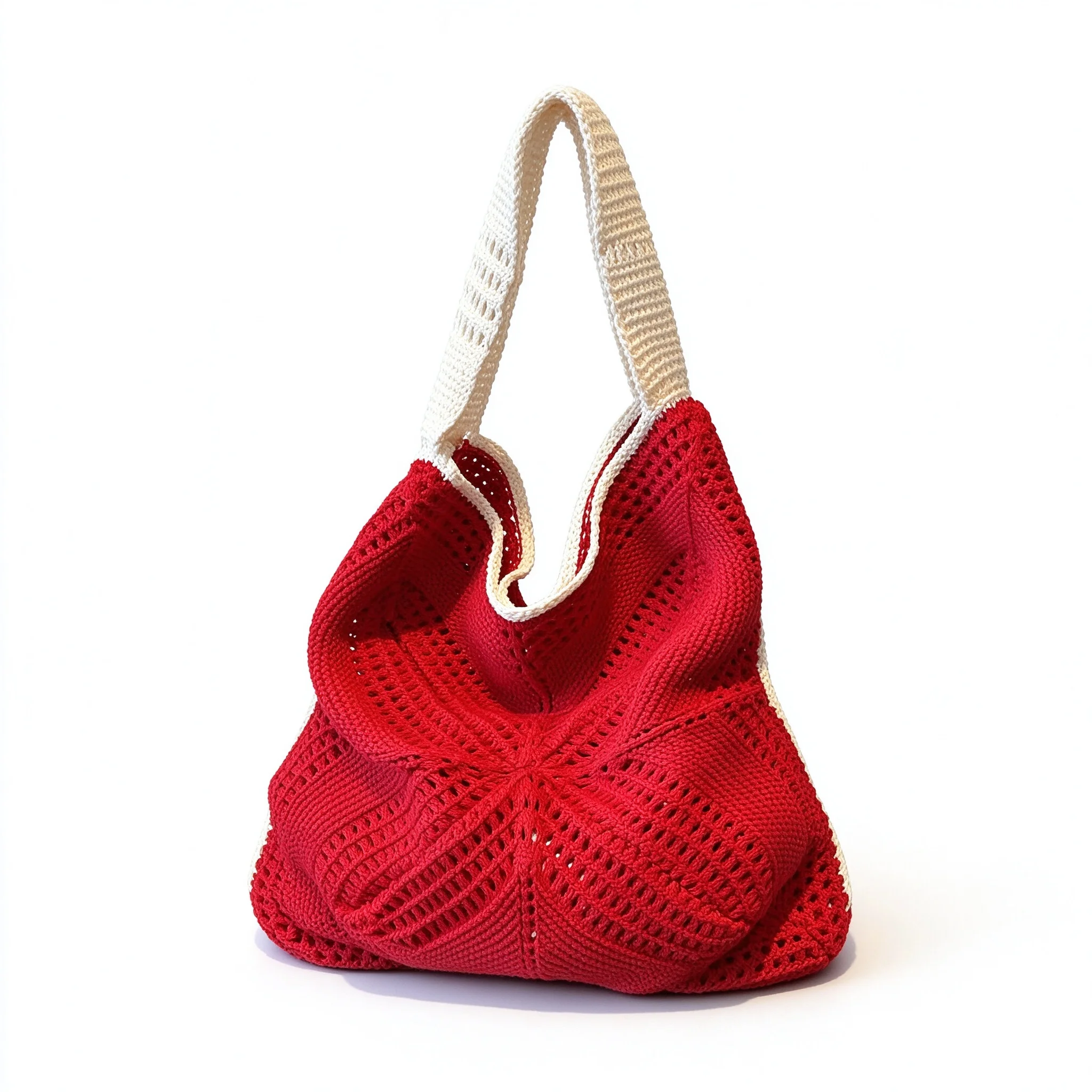 Beige Yellow Khaki Red Crochet Hollow Mesh Tote Two-Tone Contrast Knit Shoulder Hobo Bag Large Bohemian Casual Underarm Handbag