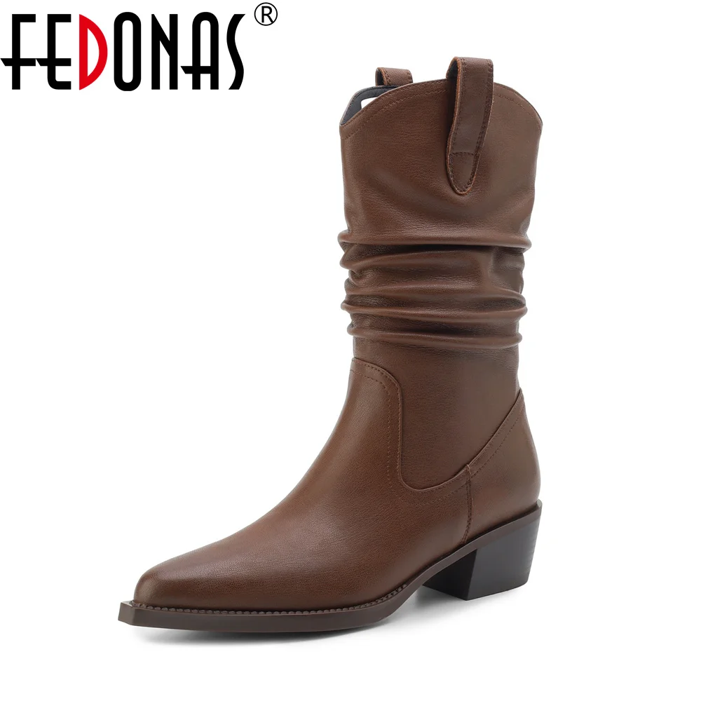 

FEDONAS Retro Women Genuine Leather Thick High Heels Mid-calf Boots Western Cowboy Knight Boots Warm High Motorcycle Boots Shoes