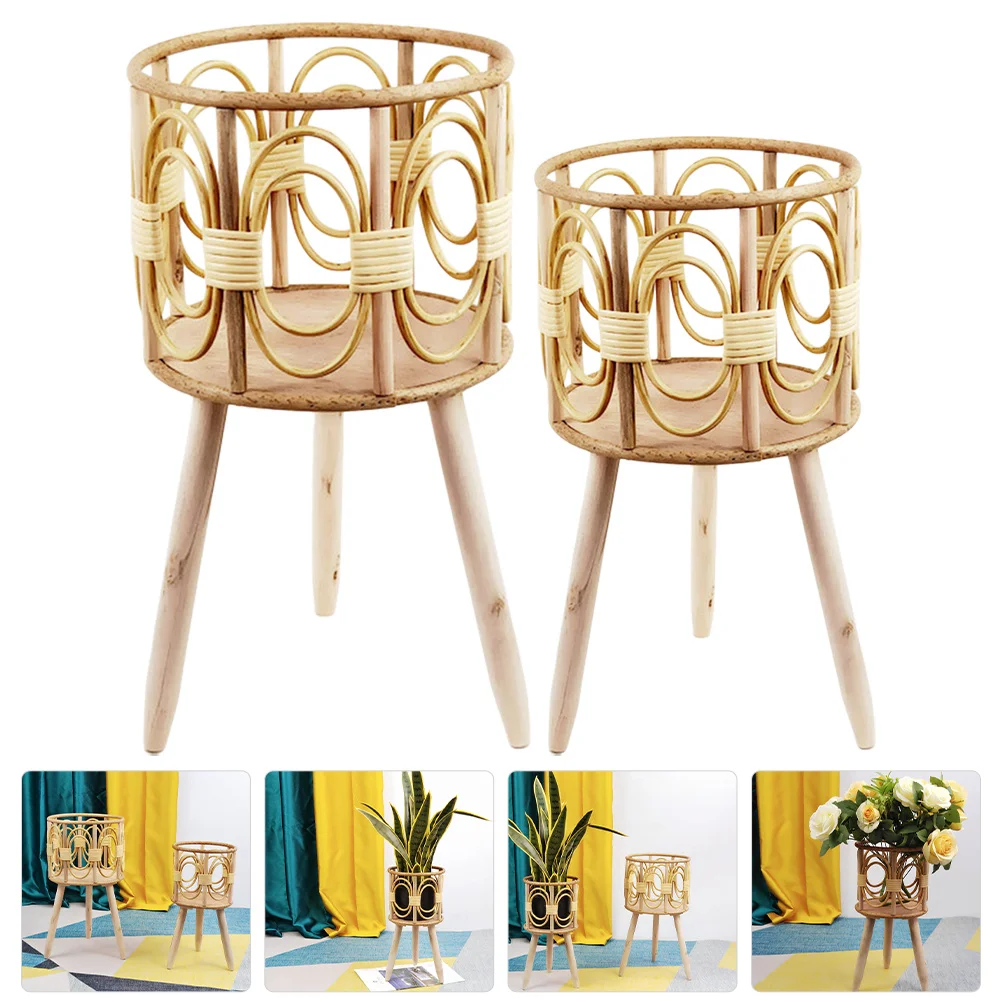

2Pcs Bamboo Woven Flower Basket Premium Wood Plant Pot Rack for Home Office Patio Decor Indoor Outdoor Plant Stand Storage