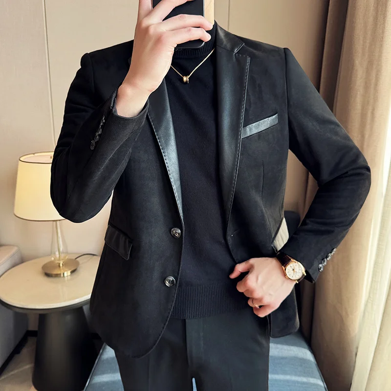 Spring Autumn Long Sleeve Collar Splicing Leather Collar Fashion Suit Jacket Deer Skin Men's Korean Pocket Tailcoat XJ505