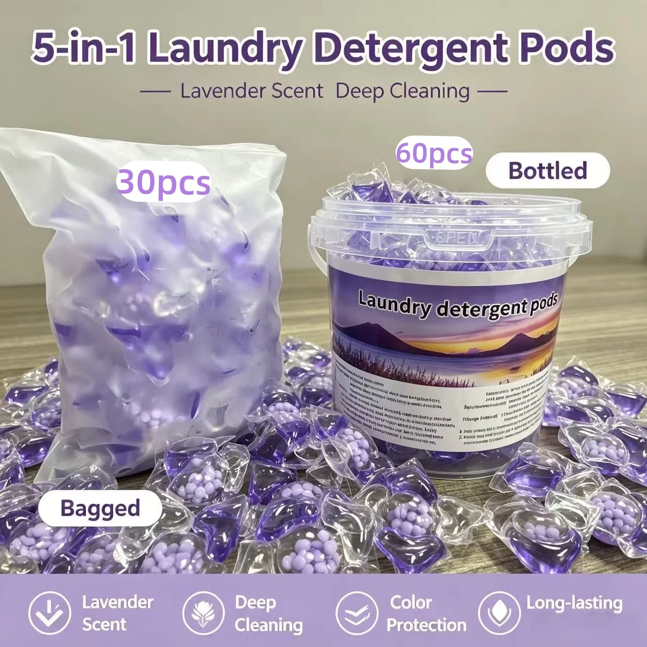 5D Functions Lavendel-Waschmittel-Pods, 30 Stück/Beutel, 60 Stück/Fass, Effektiver Schmutzentferner für die tägliche Wäsche – Detail 2
