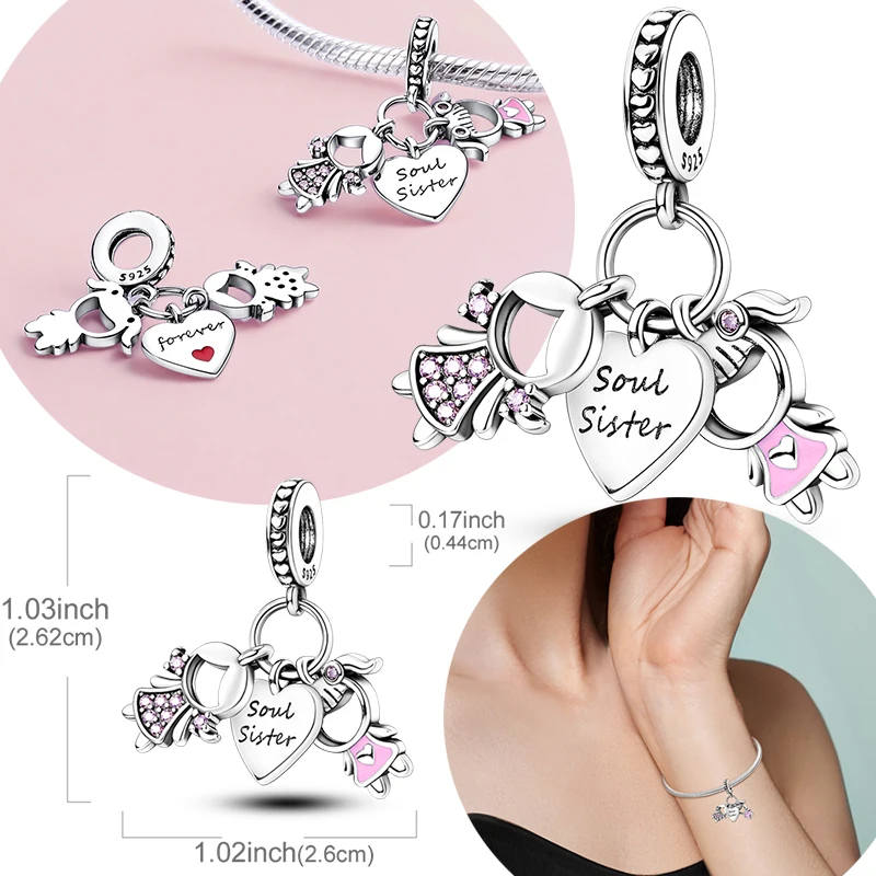 

Original 925 Sterling Silver Charm Bead Soul Twins Sister Pendant Fit Original Bracelet Chain For Women DIY Jewelry Gift