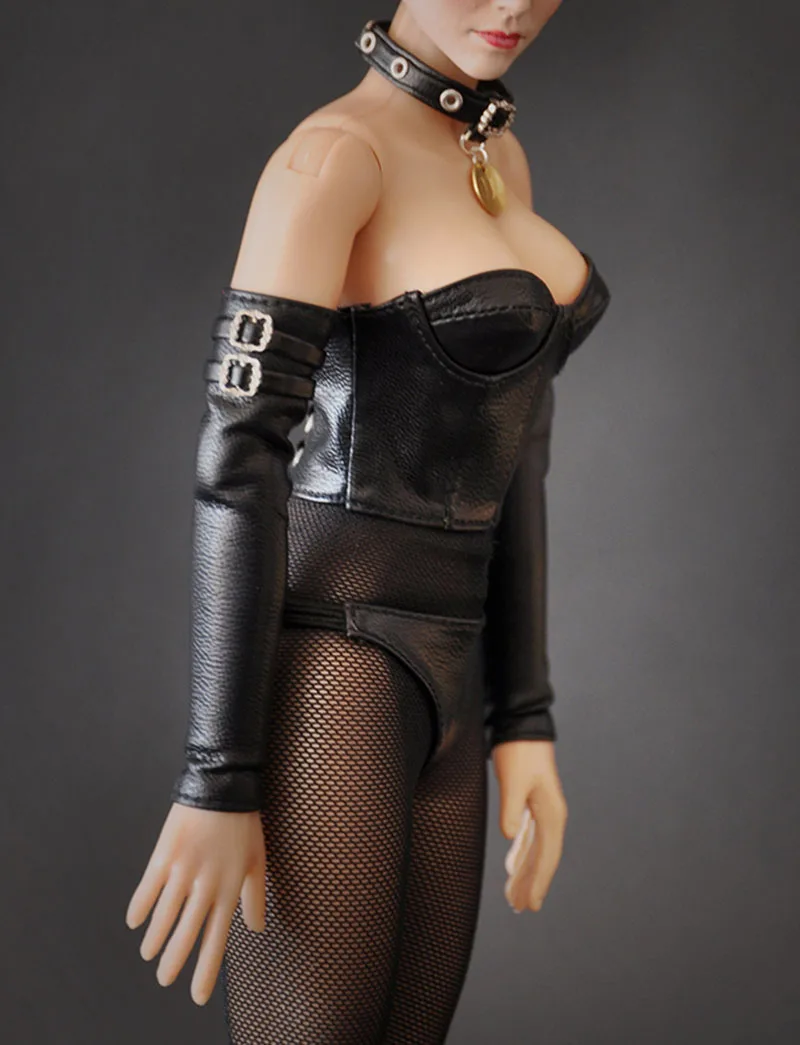 Sujetador de cuero de soldado gótico para mujer, medias largas transparentes, anillo de cuello Sexy, tubo de pecho envuelto, modelo de figura de acción de 12 ", 1/6