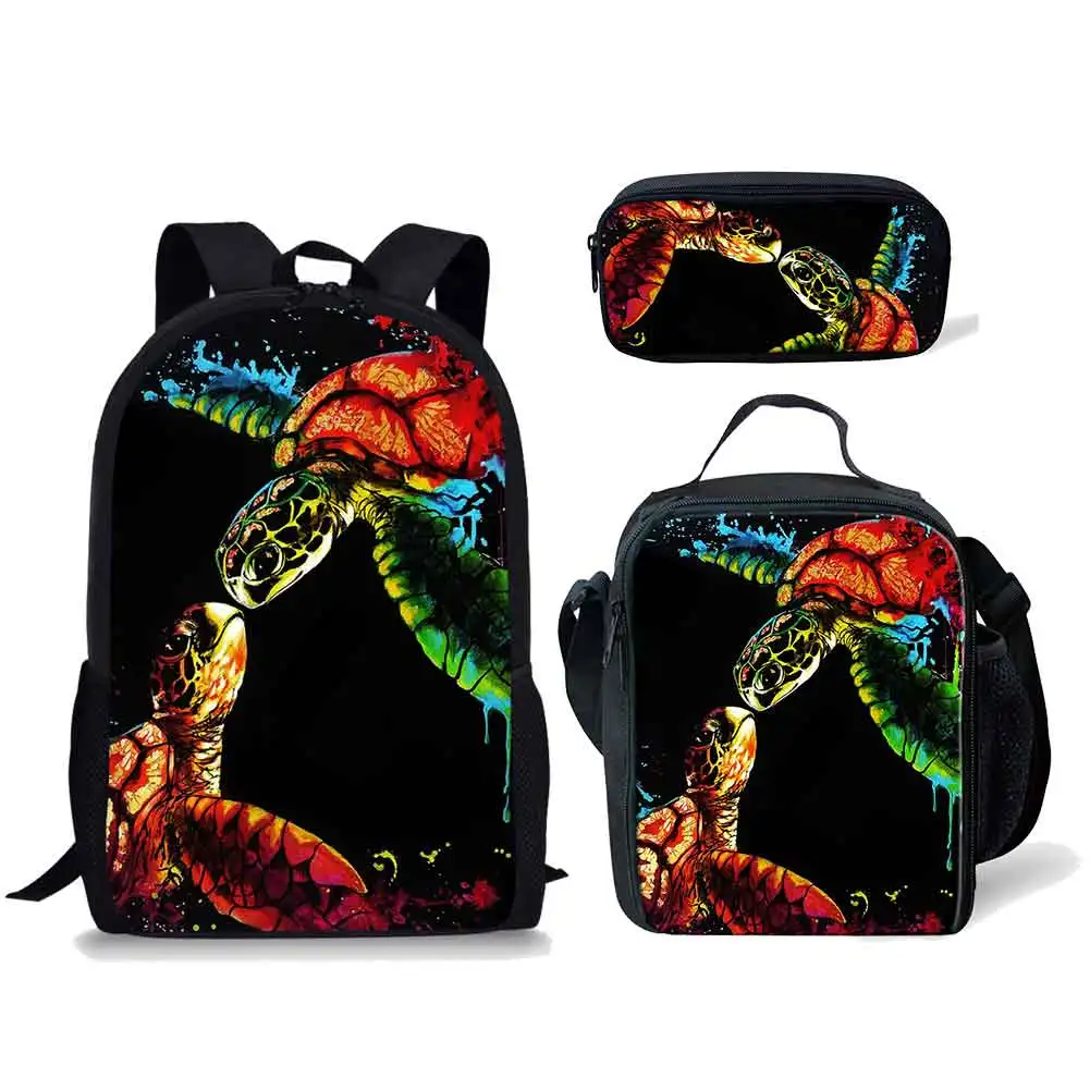 Conjunto de Mochila Padrão de Animais Marinhos Tartaruga, mochila de estudante escolar 3D Print, mochila portátil Anime, lancheira, lápis, presente do miúdo, 3pcs