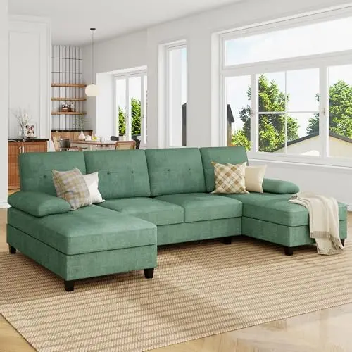 

106'' U Shaped Sectional Couch, 4 Seat Modular Sofas with Thick Armrest, Backrest, Double Chaise, Green
