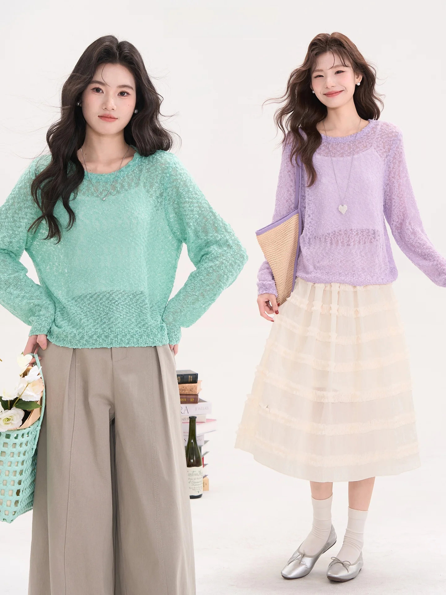 

Korean Sle Long Sve Knitted Wool Blend Women's round Ne Top Heme 8 Camere Bean Tead Spring Elegance Casual Wear