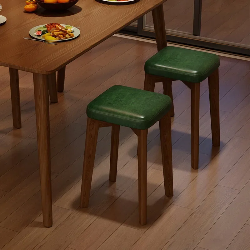 

Solid Wood Soft-packed Stool, Household Medieval Style Square Stool, Oil Wax Leather Living Room Stackable Dining Table Bench