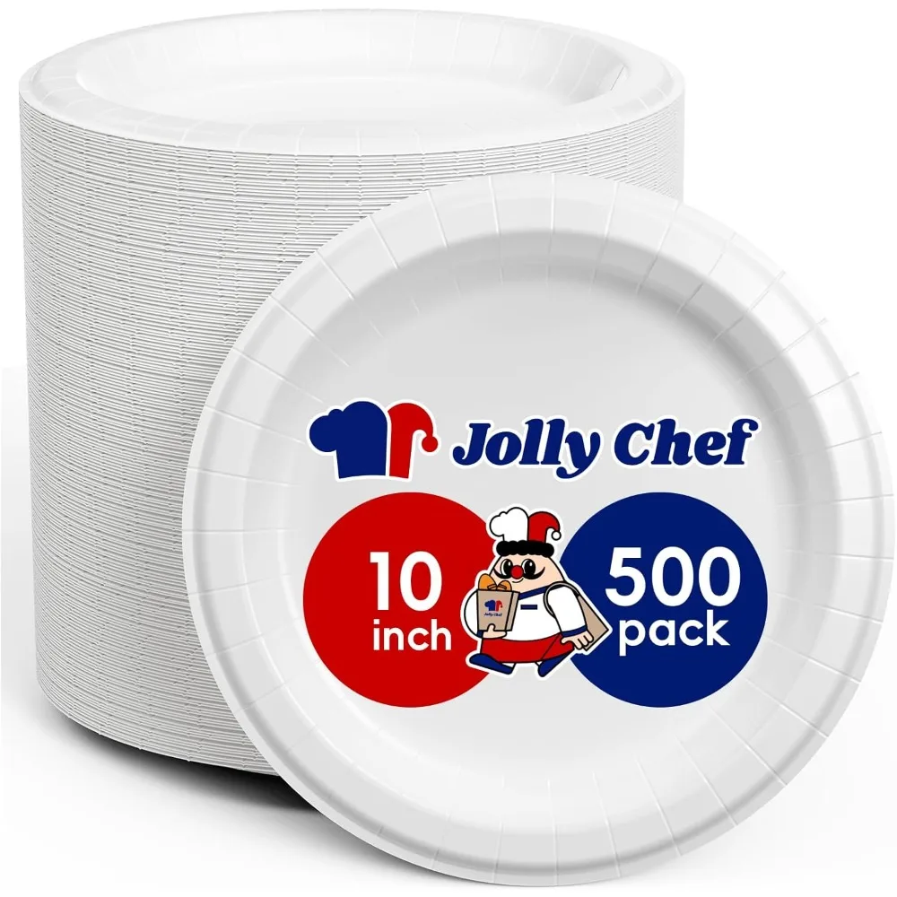 

Бумажные тарелки шеф-повара JOLLY, 10 дюймов, насыпью 500 штук, устойчивые к замачиванию, устойчивые к порезом, сверхпрочные бумажные тарелки для микроволновой печи, одноразовый обед