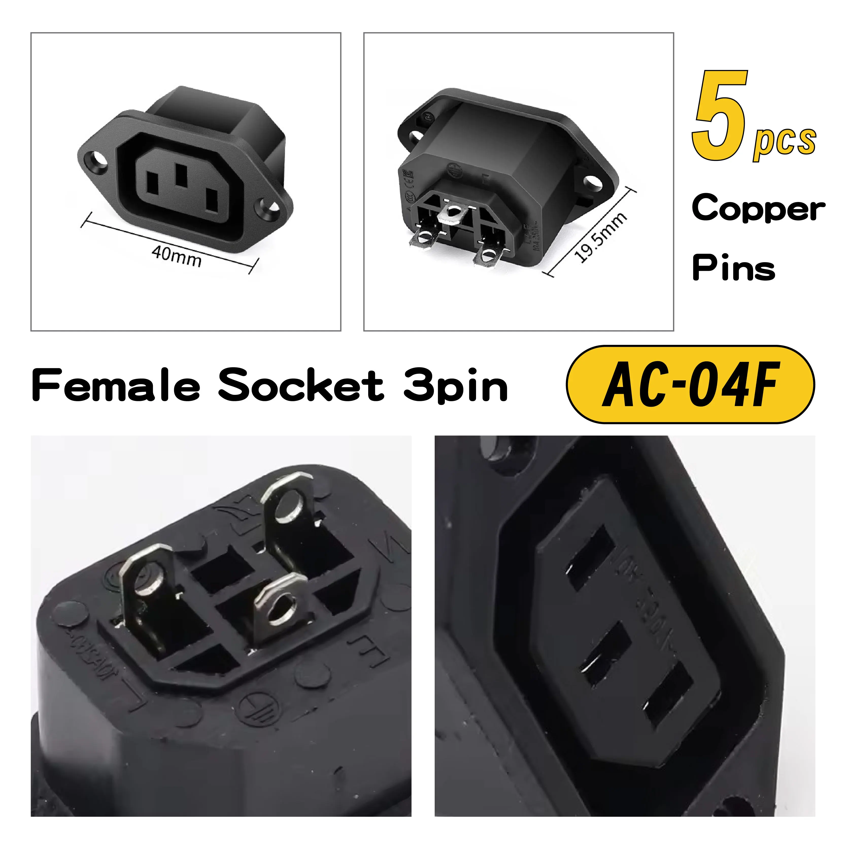 

5 шт. AC-04F IEC для монтажа на панели, 3-контактный гнездовой разъем с держателем предохранителя 10A 250 В
