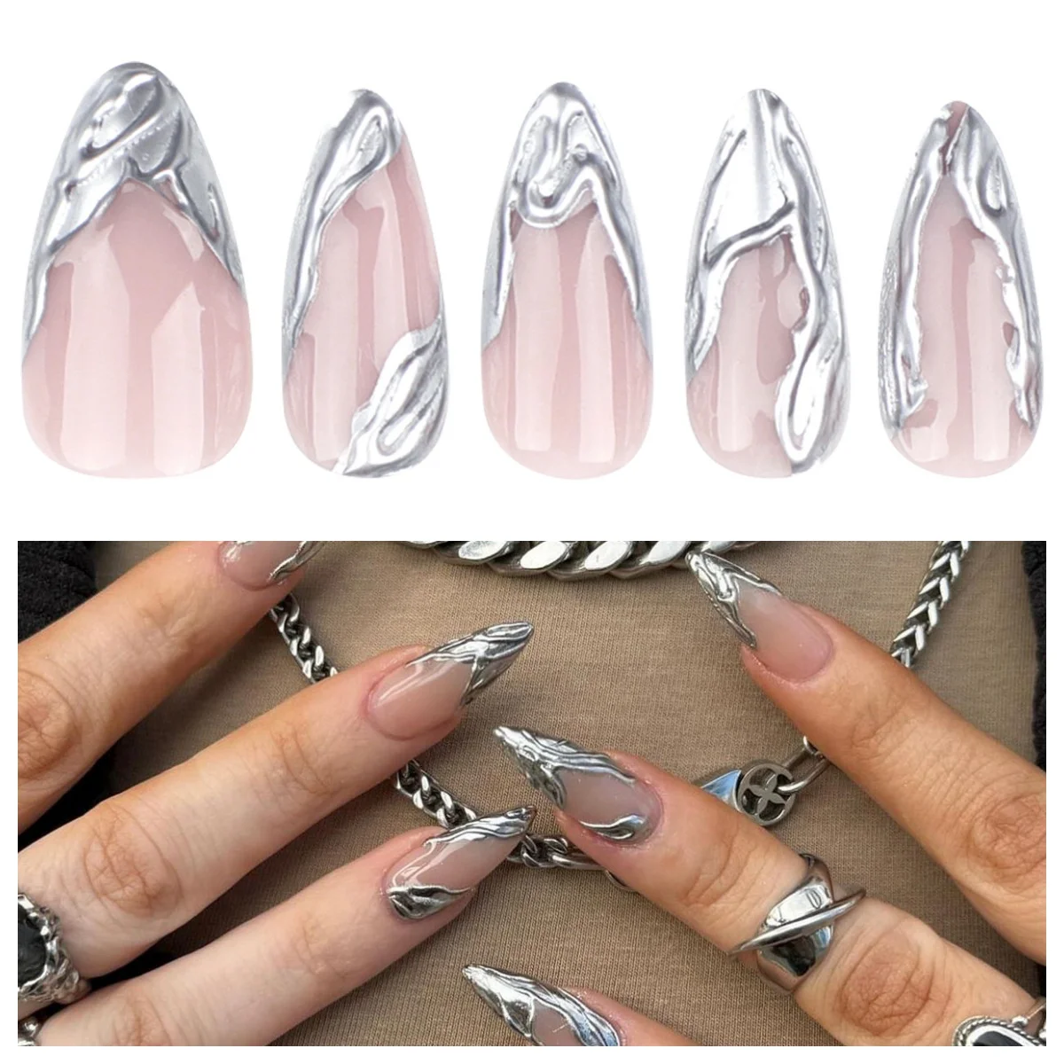 

Minimalist French Press On Nails 3D Silver Short Almond Fake Nails Removable Reusable Nail Tips