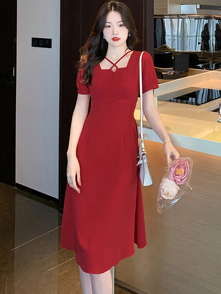 

Red Chic Bandage Square Collar Sexy Midi Women's Dress Summer Elegant Bodycon Festival Dress 2024 Black Vintage Hepburn Vestidos