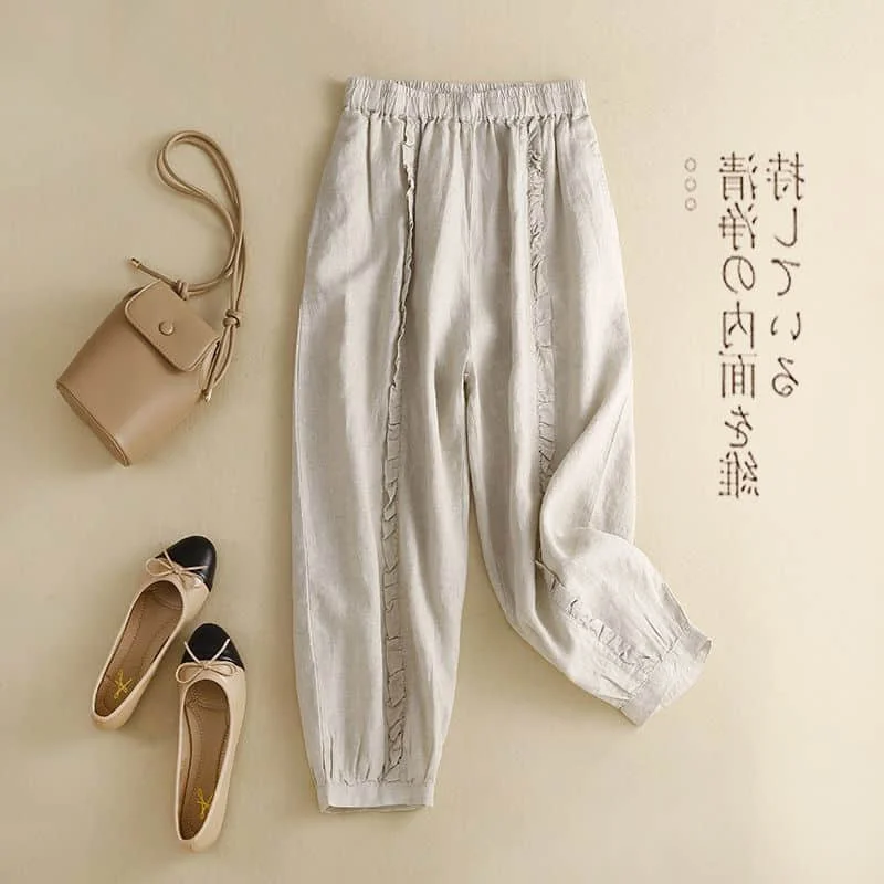 Harem Pants 2026 Summer Solid Ruffled Edge Elastic Waist Loose Retro Casual Capri Pants Korean Style Streetwear Women Clothing