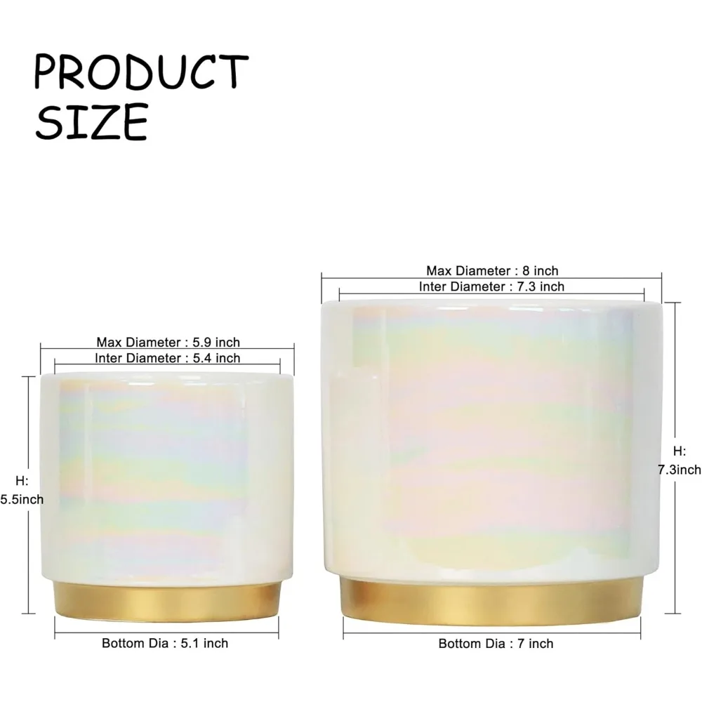 

White Ceramic Plant Pots with Drainage Holes, 7.6+6 Inch 2pcs Set for Succulents Orchids Indoor Plants - Rainbow Pearl Glaze