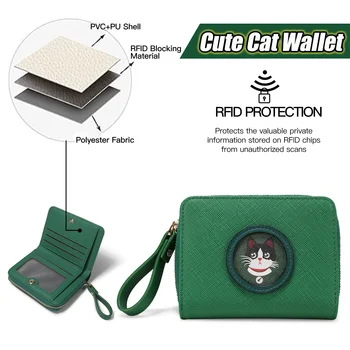 여성용 녹색 귀여운 고양이 인쇄 소형 지갑, 휴대용 도난 방지 RFID 멀티 카드 슬롯, 지폐 구획 동전 주머니