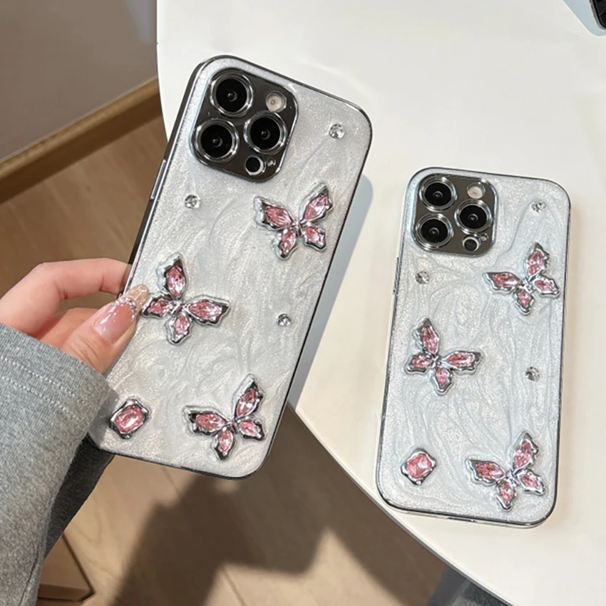 

Stereo Butterfly Phone Case For Iphone 16 15 14 13 Pro 12 11 Max Plus 16Pro Gemstone Decoration Phone Case Luxury 15Promax Cover