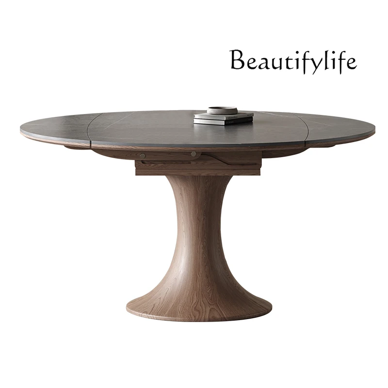 

Foldable round solid wood rock slab dining table and chairs household small apartment