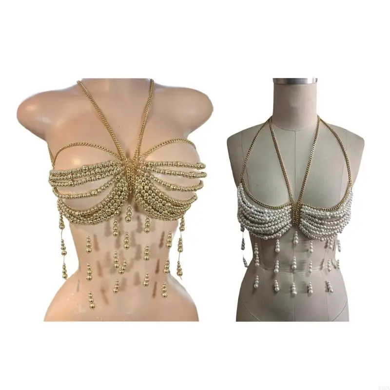 

E56A Pearls Beaded Bra Chain Halter Vest with Tassels Body Jewelry for Women Clubwear