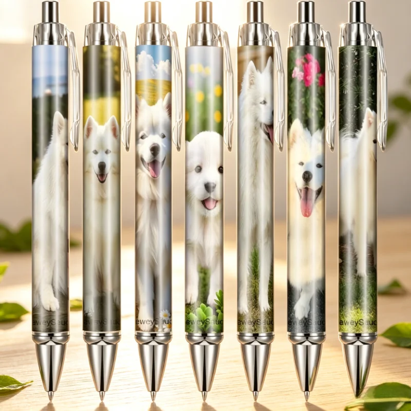 

7Pcs Ballpoint Pens with Fluffy Samoyed Pattern, Black Ink Signature Pens, Ideal for Party Gifts, Random Styles