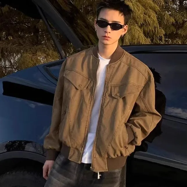 

Мужская винтажная куртка в стиле ретро-американский кэжуал, свободного кроя, с эффектом потертости, для весны и осени, молодежная, теплая, из полиэстера