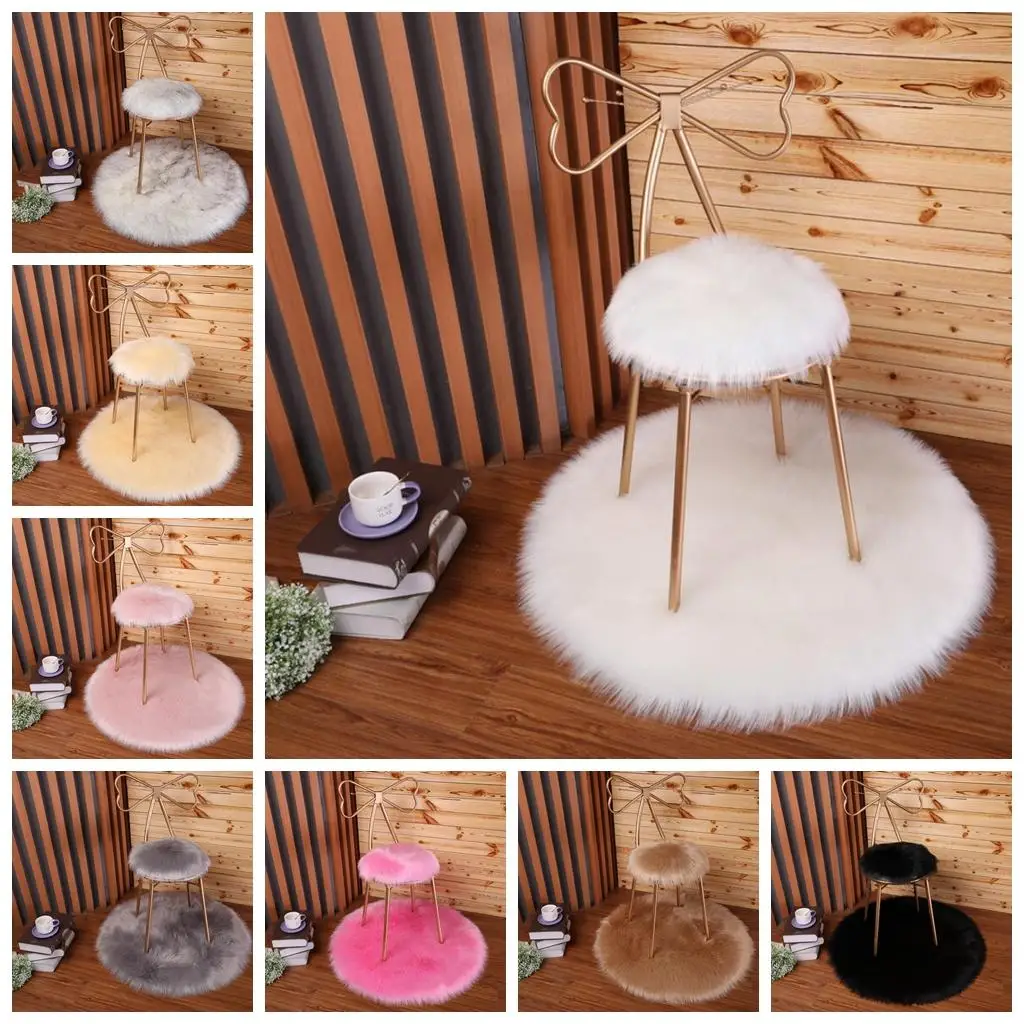 Round Faux Fur Seat Cushion Pad Artificial Sheepskin Pad for Home Car