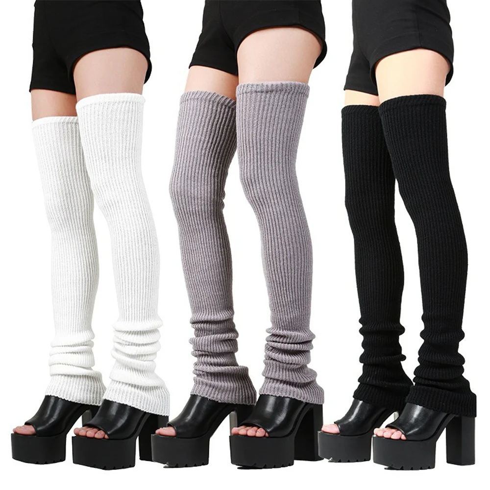 90cm Antumn Winter Warm Yoga Leg Warmer Women Long Over The Knee Socks Fashion Black White Wool Knitted Boot Cuffs Stockings