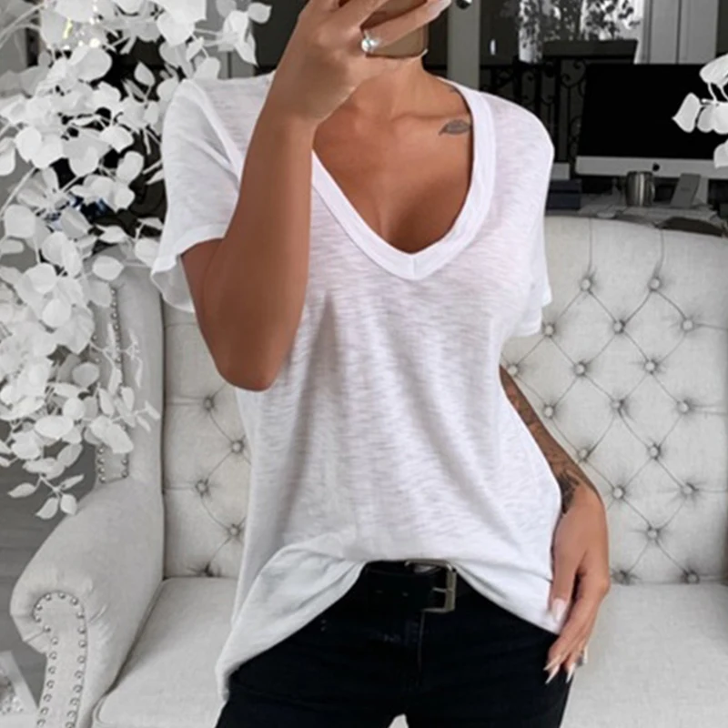 Women\'s Summer V-neck Loose Short Sleeve T-shirts Casual Solid T Shirt For Women Y2k Top Female Clothings