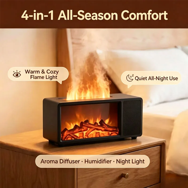 Flame Aroma Diffuser Humidifier w/ Bluetooth Speaker, New Atmosphere Desktop Fireplace, Home Bedroom Decor, Simulation Flame
