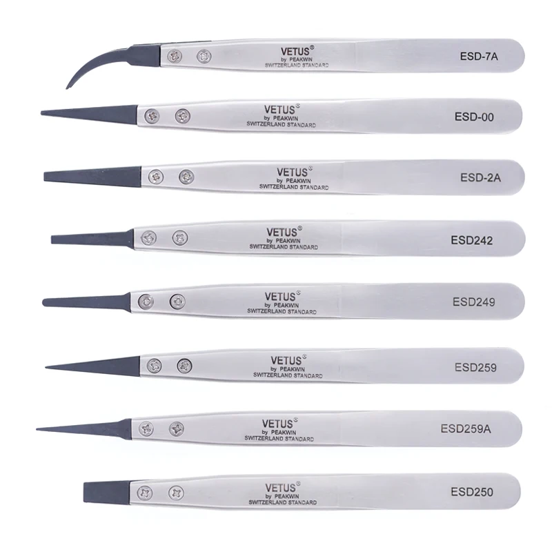 VETUS ESD series Interchangeable Head Anti-static Tweezers Stainless Steel Body Anti-static Carbon Fiber Conductive Plastic H