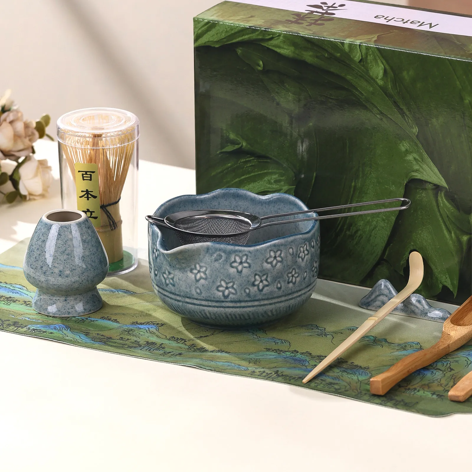 

Japanese Ceramic Matcha Bowl Set with Bamboo Whisk, Traditional Song Dynasty Tea Ceremony Gift Box