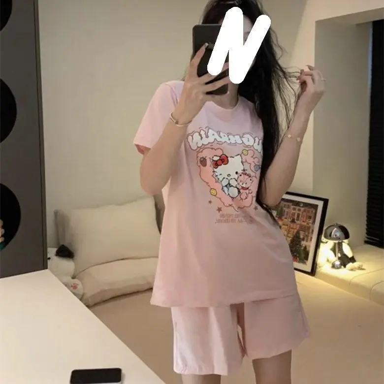 

Anime Summer Women's Cartoon Pajamas White T-Shirt and Blue Shorts Suit Soft Breathable Household Clothes New Lounge Clothes