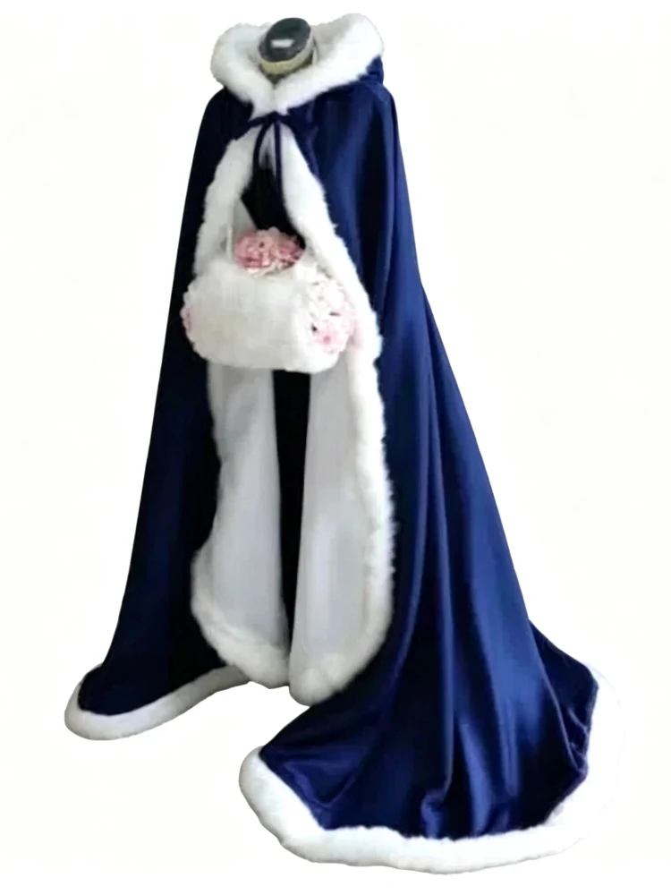 Navy Blue Hooded Cloak Bridal Cloak Winter Long Faux Fur Bordered Wedding Cloak Custom Size Fur Wrap