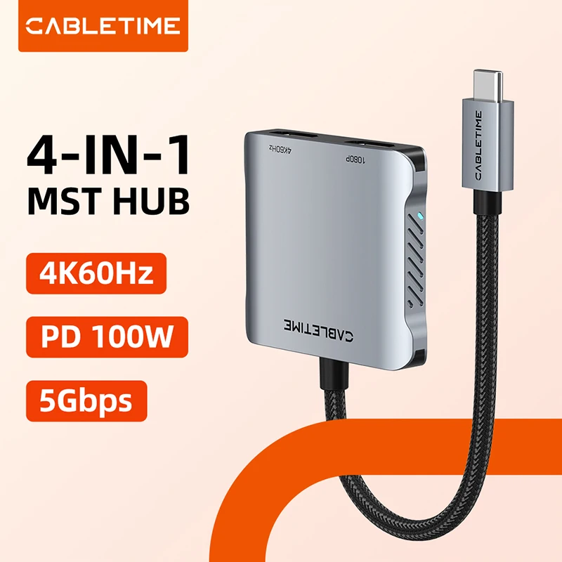 

Многопортовый USB-C концентратор CABLETIME 4-в-1 с поддержкой MST, 4K60Гц, 5Гбит/с, PD100W, для MacOS, подключение двух экранов, док-станция для макбука