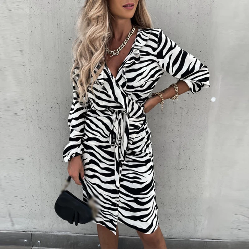 Women Elegant Ruffle Tie-Up A-line Dress Sexy Zebra Stripe Print Slim Fit Mini Dress Fall Fashion V Neck Long Sleeve Party Dress