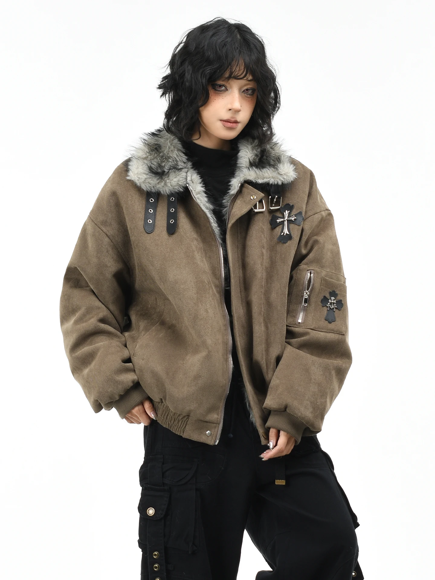 

OV Original American Retro Cotton Jaet with Fur Collar Men's Loose Stitching Winter Coat Street Sle Polyester Fabric
