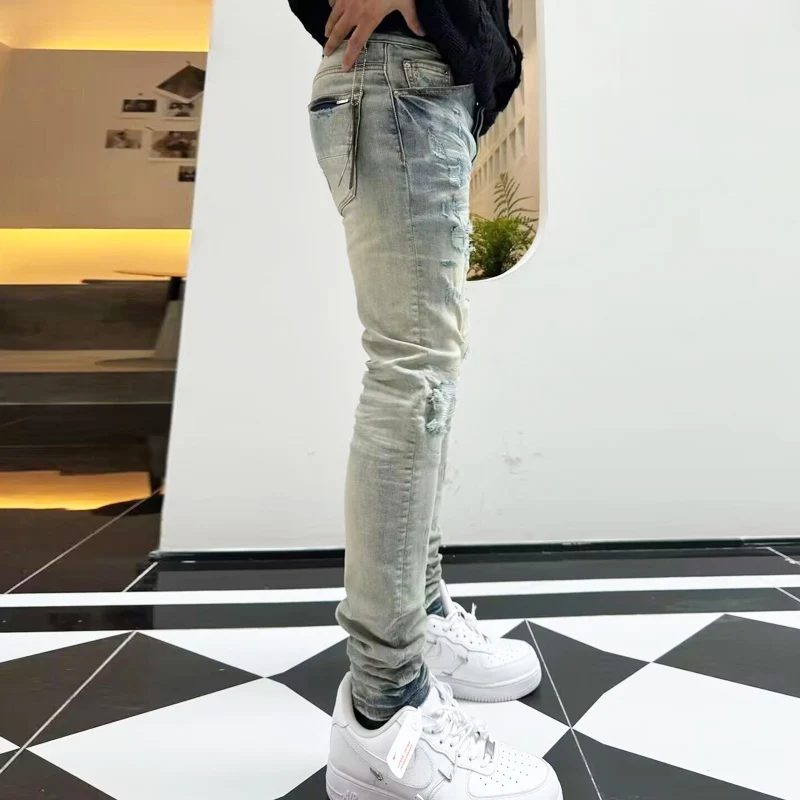 Street Designer Fashion NewY2K Jeans Patch bianca lavata Nostalgica Stretch Slim Fit Retro Jeans azzurri High Street Hip Hop