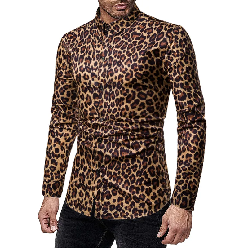 2023 New Men's Nightclub Leopard Print Digital Print Long Sleeve Shirt Performance Dress Long Sleeve Leopard Print Shirt Male