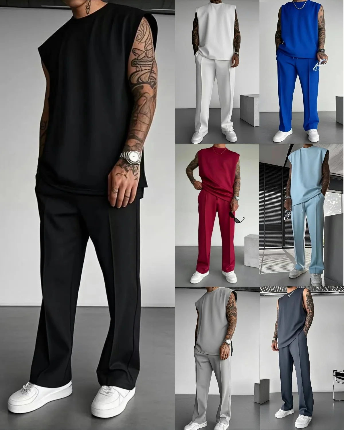 2026 Sommer Neu Herren Einfarbiges Ärmelloses Westen- und Hosen-Set (2-teilig) – Lockerer Sport-Casual-Streetwear Atmungsaktives Alltags-Mode-Outfit – Detail 2