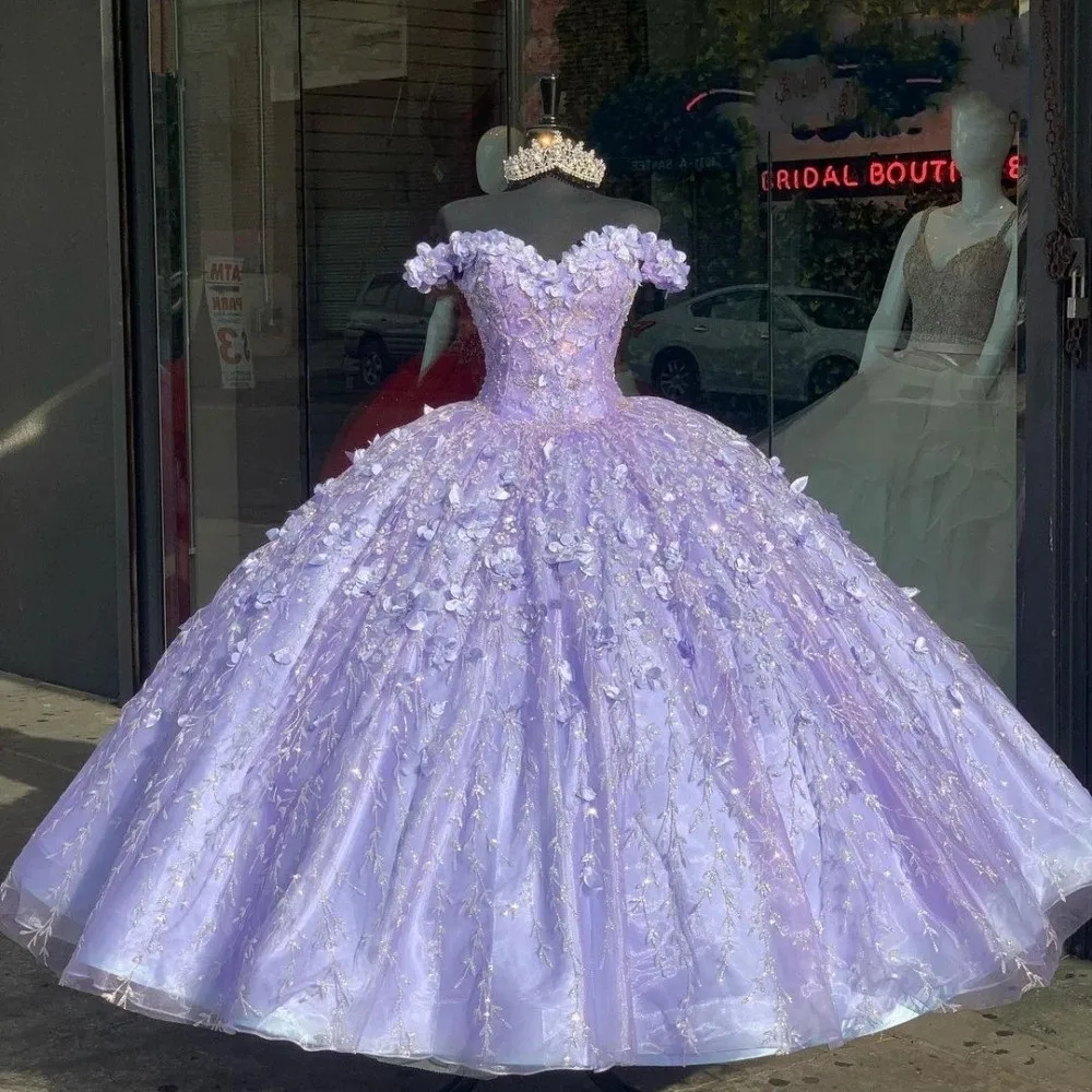 Lilac Quinceanera Dresses Ball Gown Off The Shoulder Tulle Appliques Flowers Puffy Sweet 16 Dresses Customized