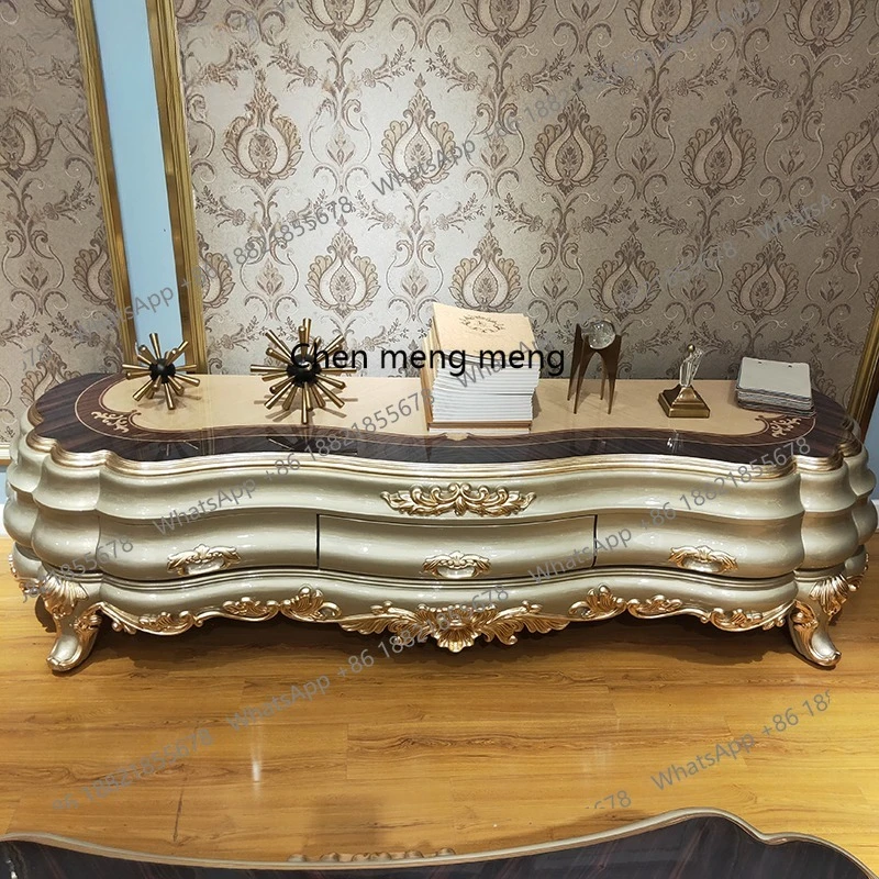 

European Villa High-end TV Cabinet Solid wood carved American classical luxury audio-visual cabinet 2.4 meters oval