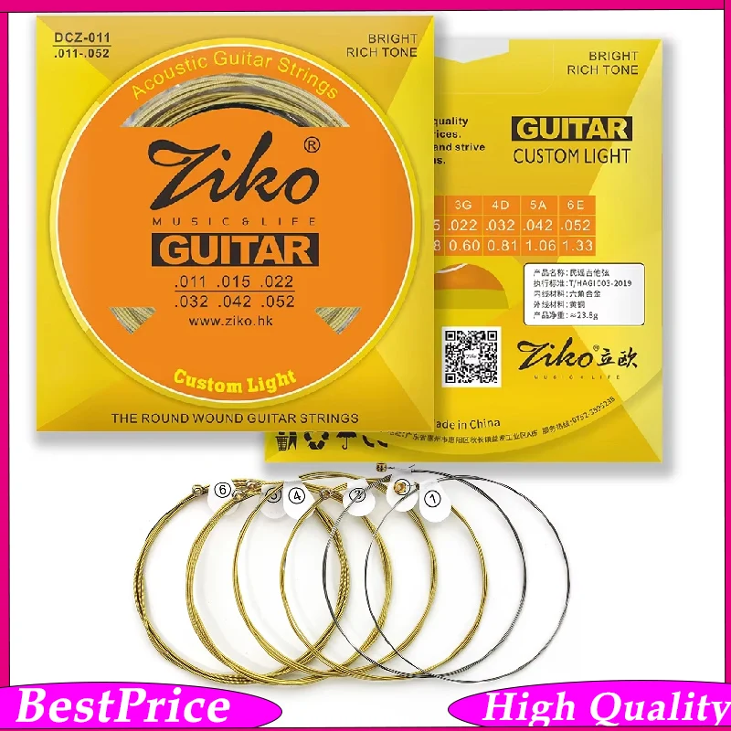 ZIKO DCZ-011 Acoustic Guitar Strings Brass-Wound Carbon Steel Hexagonal Alloy CoreDurability for Folk Fingerstyle Strumming