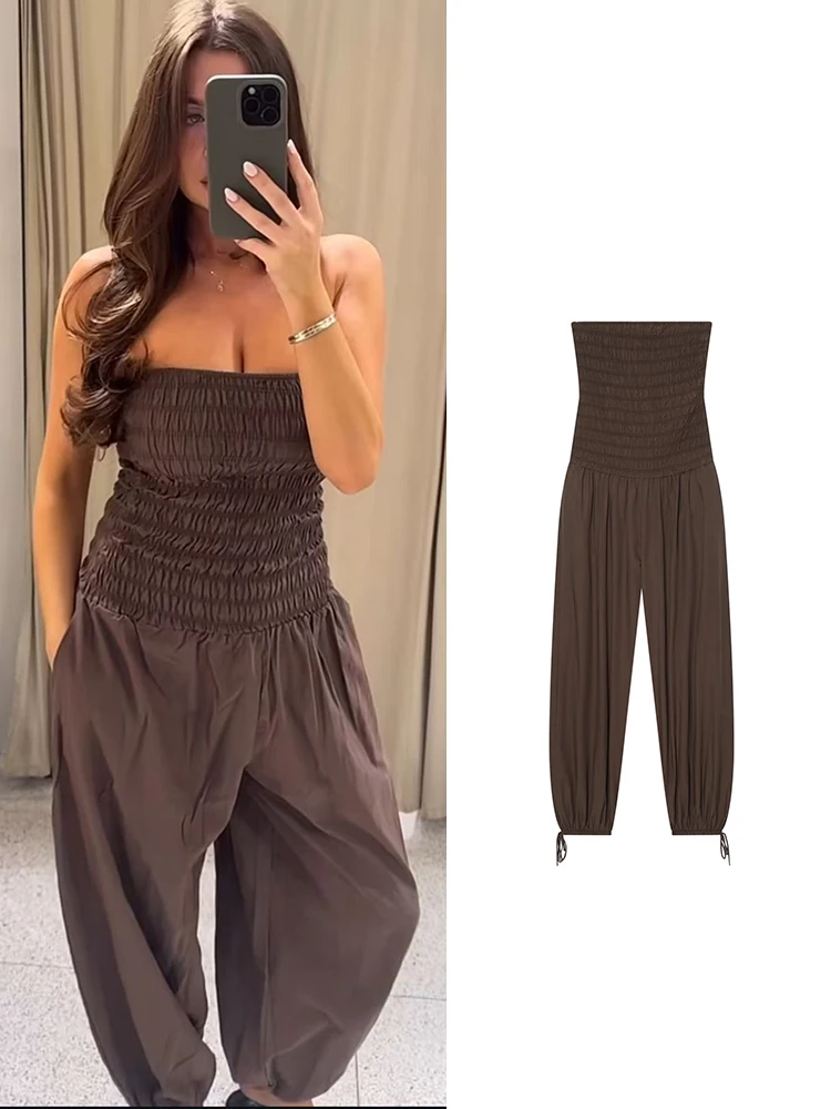 

TFMLN 2026 Summer New Style Women Strapless Jumpsuit Vacation Style Elastic Waist Slimming Long Pant Ladies Casual Jumpsuit