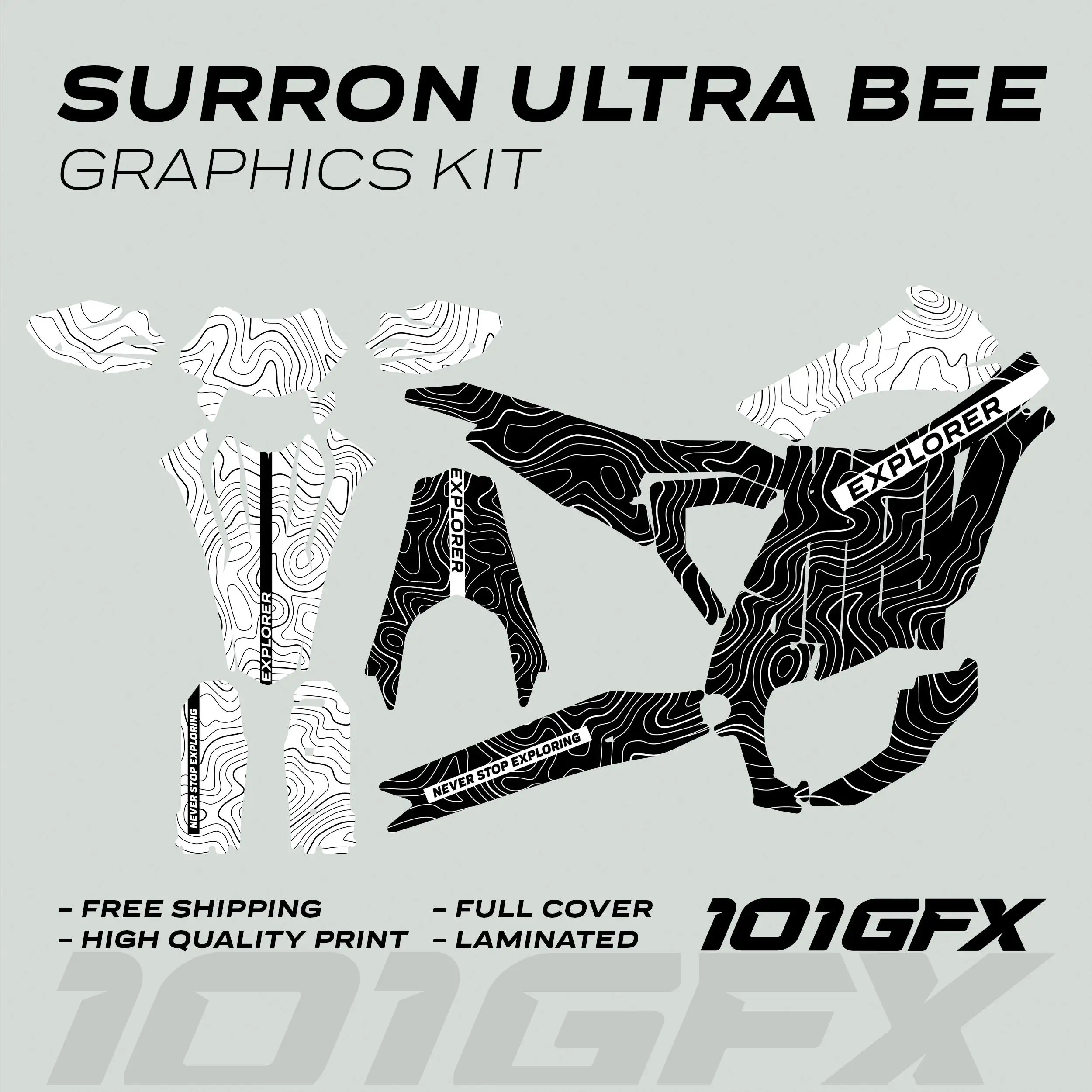 Graphics Kit EXPLORER BLACK WHITE Explore Altitude Decals Stickers Laminated eBike Decals Wrap Protection For Surron Ultra Bee