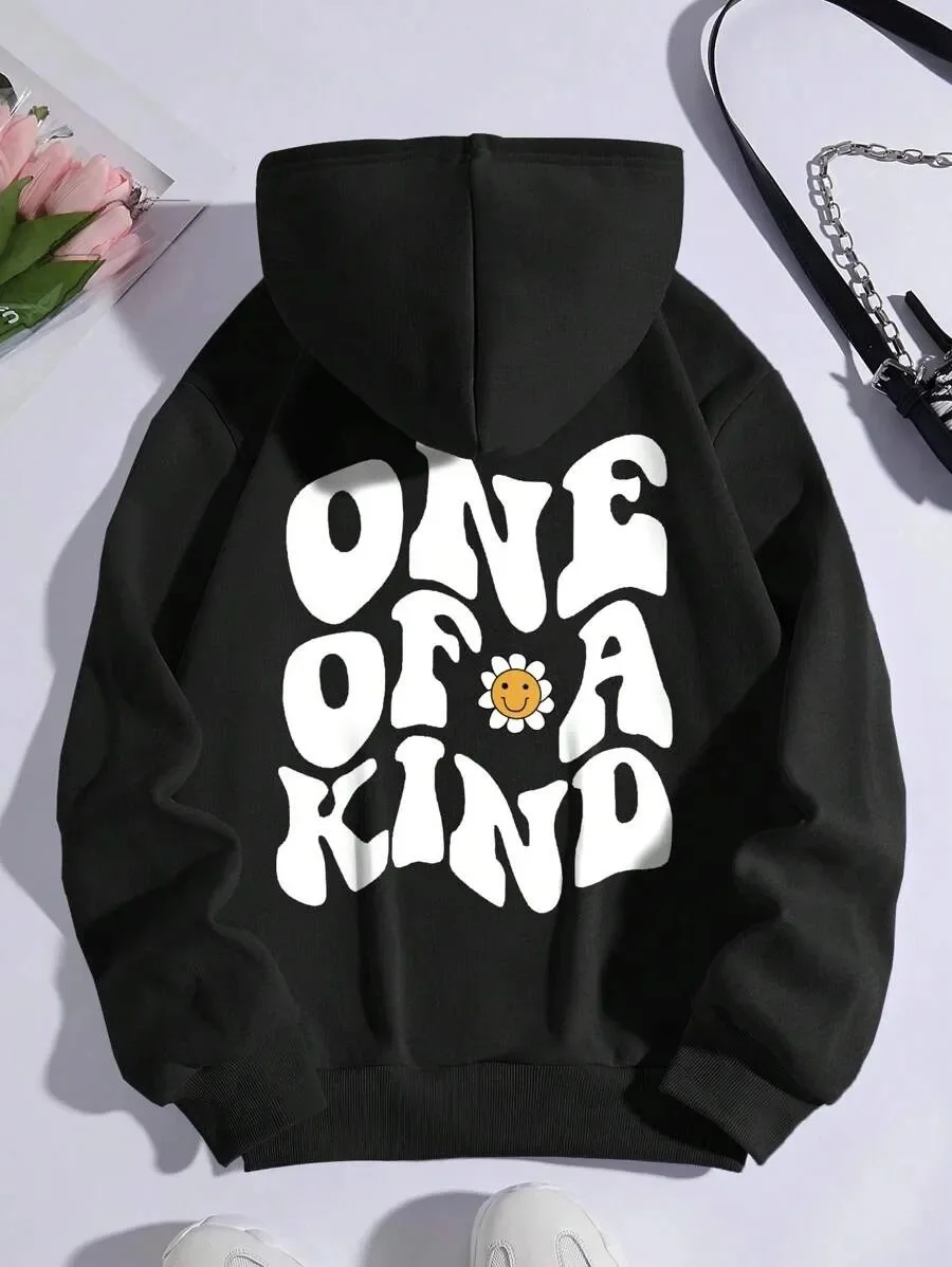 

Cotton Hoodie with "One of A Kind" Print and Daisy Smile Face Design for Unique Style with Cheerful Daisy Smile Print