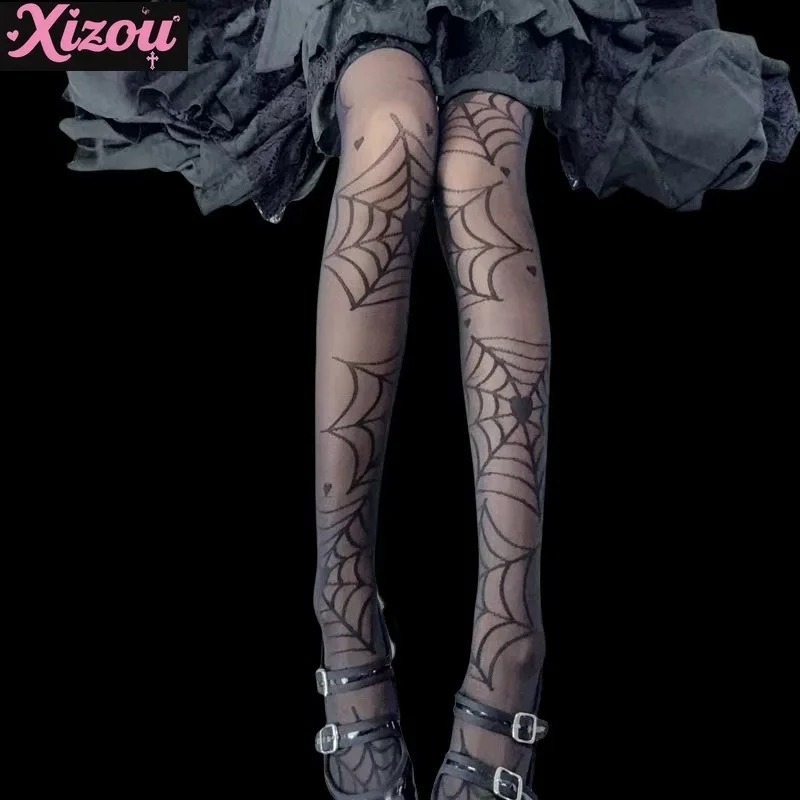 

Dark Gothic Lolita Stockings Sweet Cool Female Spider Web Jacquard Anime Convention Thin Lolita Japanese Knee Long Tube