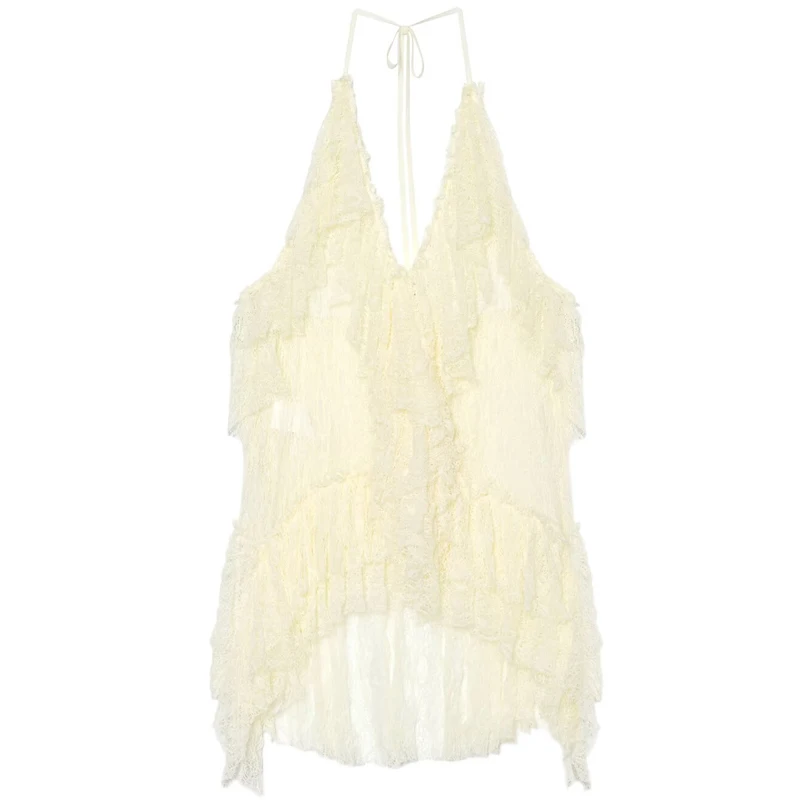 HXAO Women's Crop Layered Halter Top Summer 2026 Sexy Translucent Ruffled Sleeveless Top With Open Back Night out Evening Vests